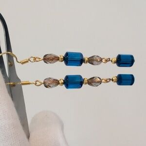 Handmade Vintage Blue Crystal & Bronze Czech Glass Drop Earrings